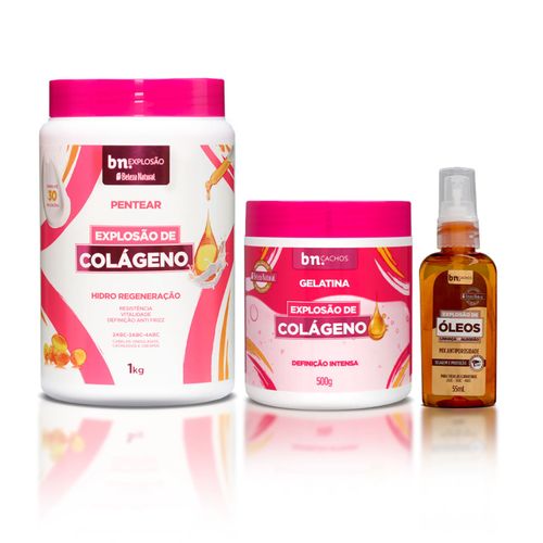 Kit com Creme de Pentear + Gelatina Explosão de Colágeno + Óleo de Linhaça e Algodão | bn.Cachos Kit com Creme de Pentear + Gelatina Explosão de Colágeno + Óleo de Linhaça e Algodão | bn.Cachos